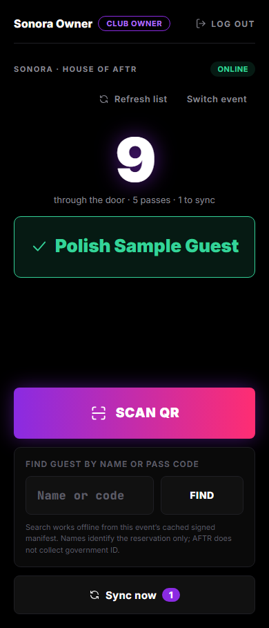 AFTR successful door check-in screen