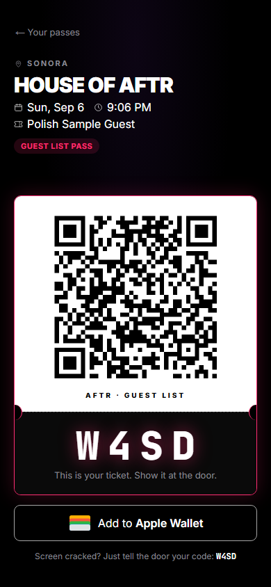 AFTR guest pass with QR code